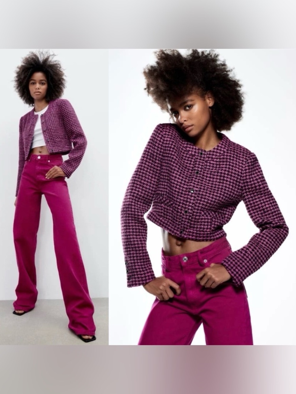NWT ZARA Pink Houndstooth Cropped Fitted Tweed Jacket/ Blazer. Size M